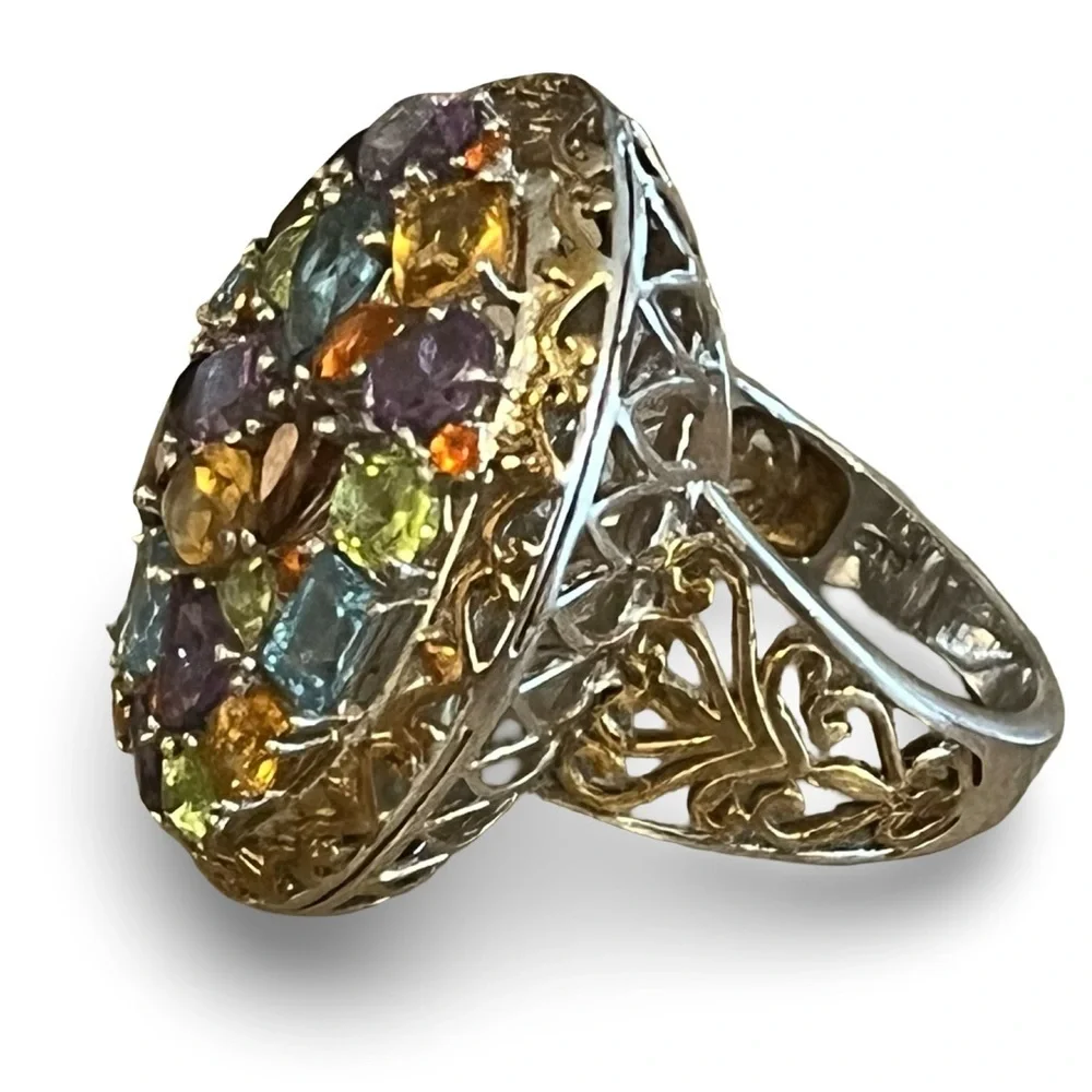 Sterling Silver STS Two Tone Tutti Frutti Gemstone Statement Ring Size 8